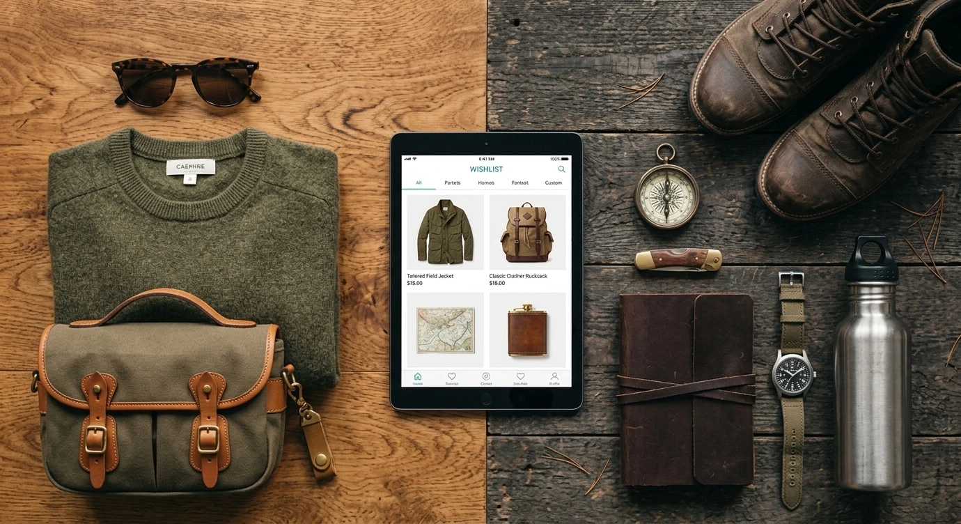 Flatlay of gear, outdoor items, tablet, and accessories for wishlist organization